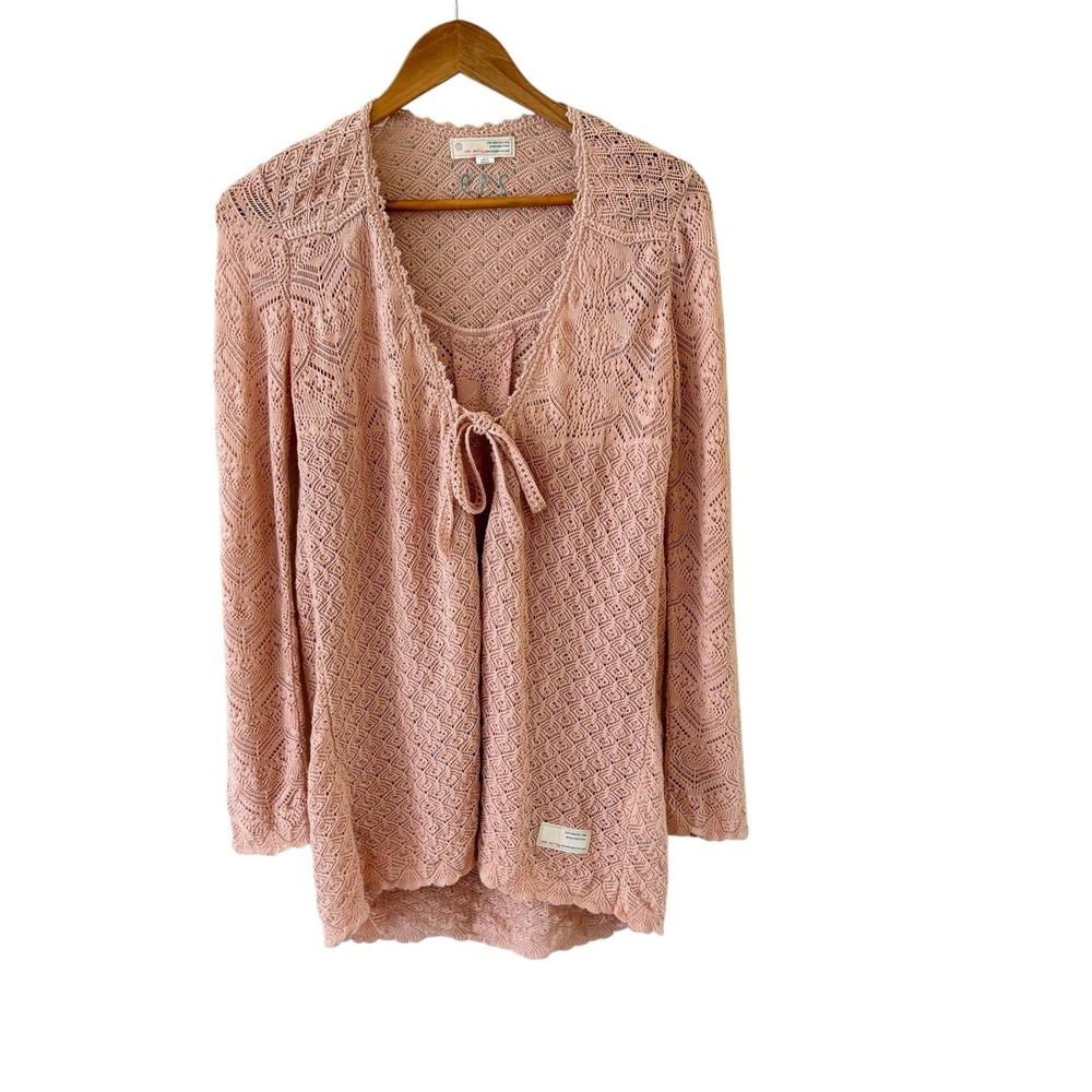 Odd Molly Crochet Open Front Cardigan Sweater Womens 0/XS Pink Boho FLAW